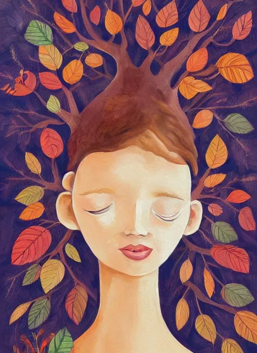 Image similar to a wonderful childrens illustration book portrait painting of a woman, art by tracie grimwood, trees, many leaves, birds, whimsical, aesthetically pleasing and harmonious natural colors