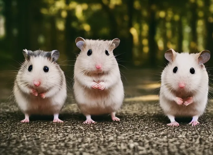 Image similar to photo of a hamsters walking in a park, cinematic color grading, various poses, soft light, faded colors, well framed, sharp focus, 8 k