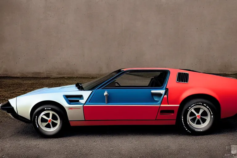 Prompt: designed by giorgetto giugiaro stylized poser of a single 1 9 6 9 fastback mustang ( mk 2 ford gt 4 0 ) 1 9 8 2 firebird transam delorean, large led lights, ektachrome photograph, volumetric lighting, f 8 aperture, cinematic eastman 5 3 8 4 film