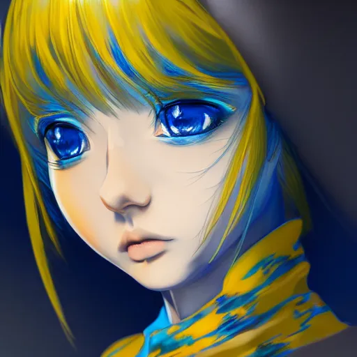 Image similar to a portrait of anime ukrainian blue and yellow girl, concept art, trending on artstation, highly detailed, intricate, sharp focus, digital art, 8 k