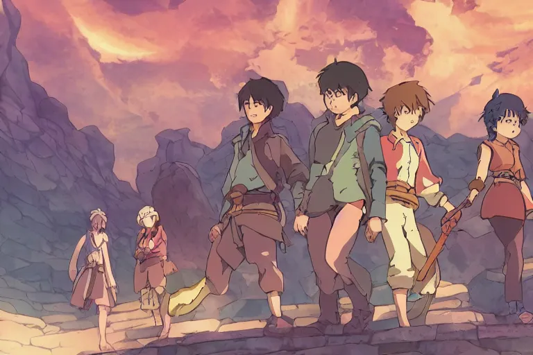 Image similar to cell shaded key visual of a group of adventurers find treasure in a dungeon, in the style of studio ghibli, moebius, makoto shinkai,