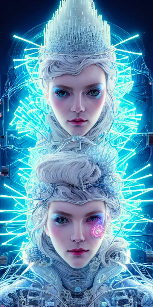 Image similar to high quality, high detailed portrait of a snow queen cyberpunk character in a futuristic world, hyperrealism, intricate details, cables, wires, connectors, led. tristan eaton, victo ngai, artgerm, rhads, ross draws, alphonse mucha, pastel colors, vintage, artstation, vector. 8 k