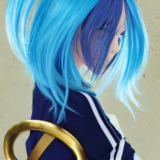 Prompt: profile shot of rimuru tempest, sky blue hair, ponytail, long bangs, gold eyes, black jacket with white stripes and a high collar, highly detailed, roman city, professional art, concept art, shutterstock, cinematic, wlop | art by pixiv, ilya kuvshinov, greg rutkowski, yoshitaka amano