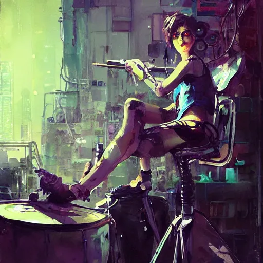 Image similar to Octopus girl playing R&R drum kit, cyberpunk, realistic, detailed, Industrial Scifi, paint, watercolor, in the style of Ashley Wood and Wadim Kashin