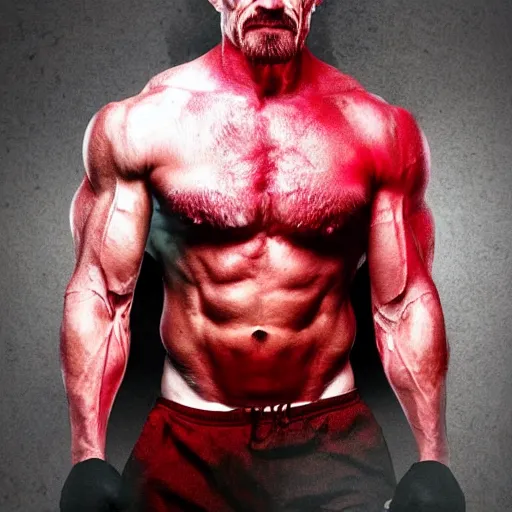 Image similar to muscular walter white coming out of a red mist, epic, trending on artstation, profile pic, centered, accurate anatomy, highly detailed, digital art,