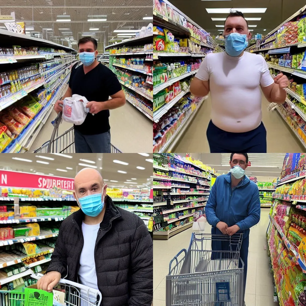 Prompt: a man wearing a diaper as a face mask at the supermarket