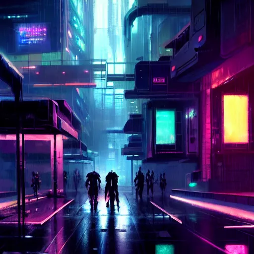 Image similar to photo of a rundown futuristic city scene at night with neon lights, raining, sci fi splash art by craig mullins, greg rutkowski