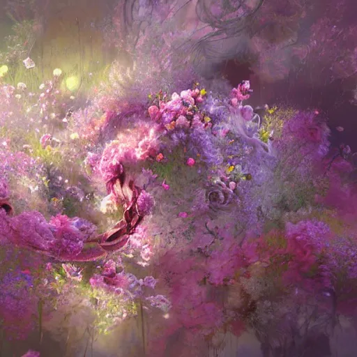 Image similar to This illustration is a large canvas, covered in a wash of color. In the center is a cluster of flowers, their petals curling and twisting in on themselves. The effect is ethereal and dreamlike, and the overall effect is one of serenity and peace. taupe, Pixar's 'Up' by Jeremy Mann, by Jeff Easley atmospheric, CGI