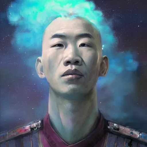 Image similar to colorful character portrait of a chinese prisoner at night lit by the stars, wispy smoke, highly detailed face, very intricate, symmetrical, cinematic lighting, award - winning, painted by mandy jurgens, peter doig, dystopian, bold colors, dark vibes, anime aesthetic, featured on artstation