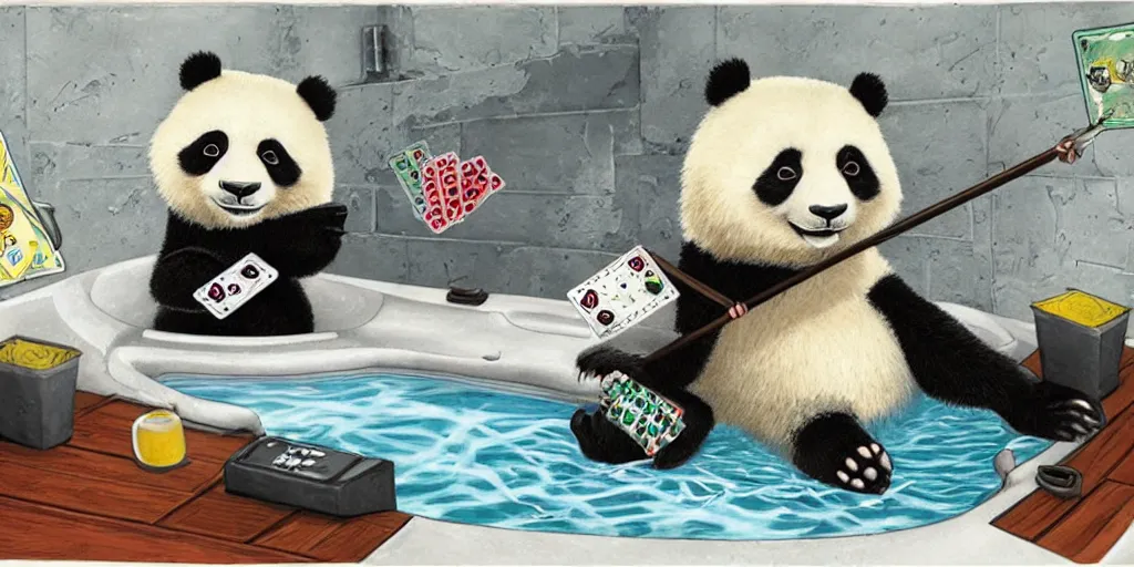 Image similar to A panda playing cards in a hot tub on a roof top, Greg Simkins