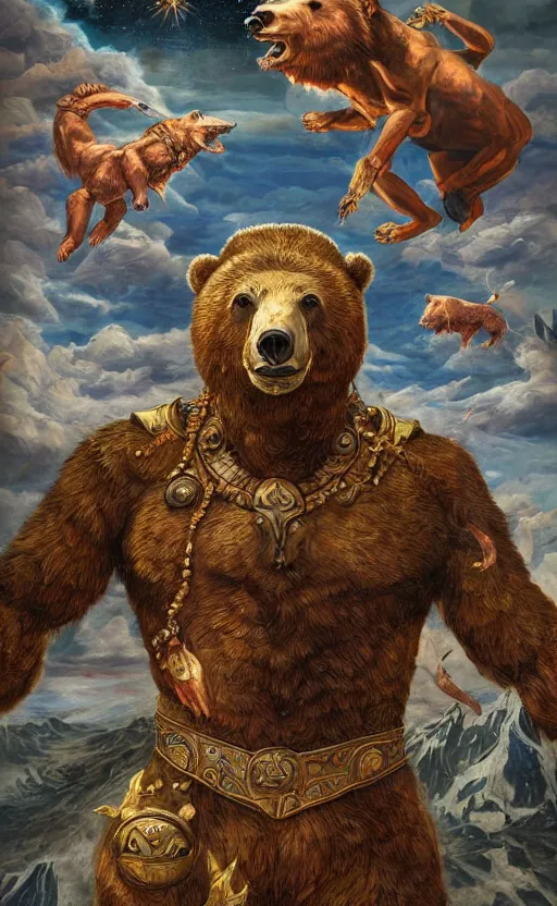 Image similar to mural of a bear beast-man, sci fi weapon, royal ornaments, reaching towards the heavens, sci fi world, holy imagery, highly detailed, beautiful colors, renaissance mural, mural in the style of sandro boticceli, sandro boticceli