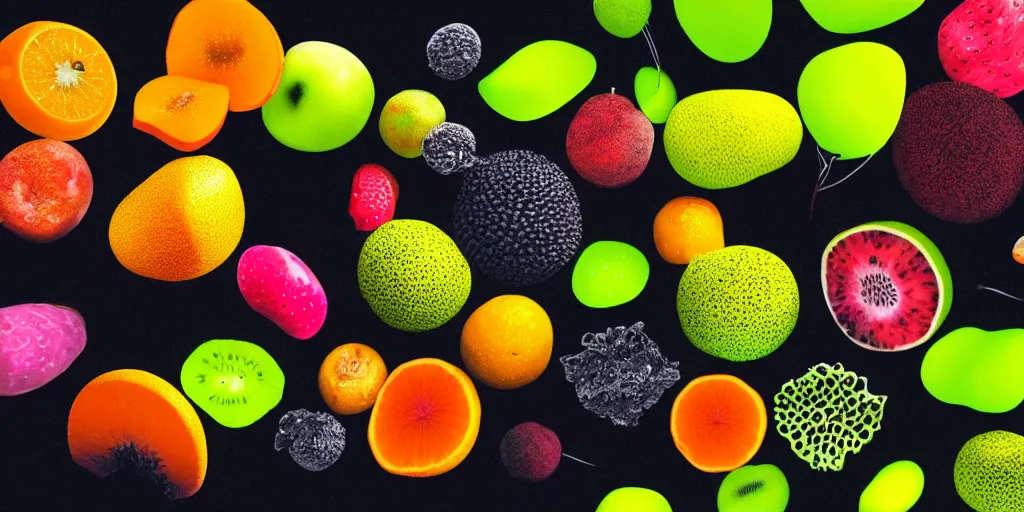 Prompt: spores and mold on a colorful fruit, ultra realistic with black background. shiny. photograph 50mm. medium format. isometric. volume. global illumination. bloom