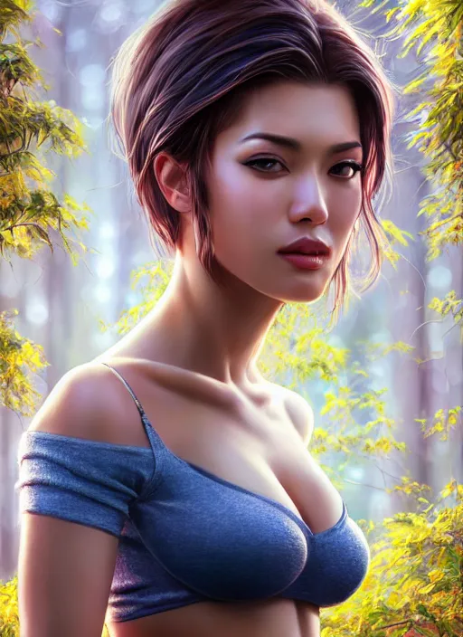 Image similar to photo of a gorgeous female in the style of stefan kostic, realistic, half body shot, sharp focus, 8 k high definition, insanely detailed, intricate, elegant, art by stanley lau and artgerm, extreme bokeh foliage