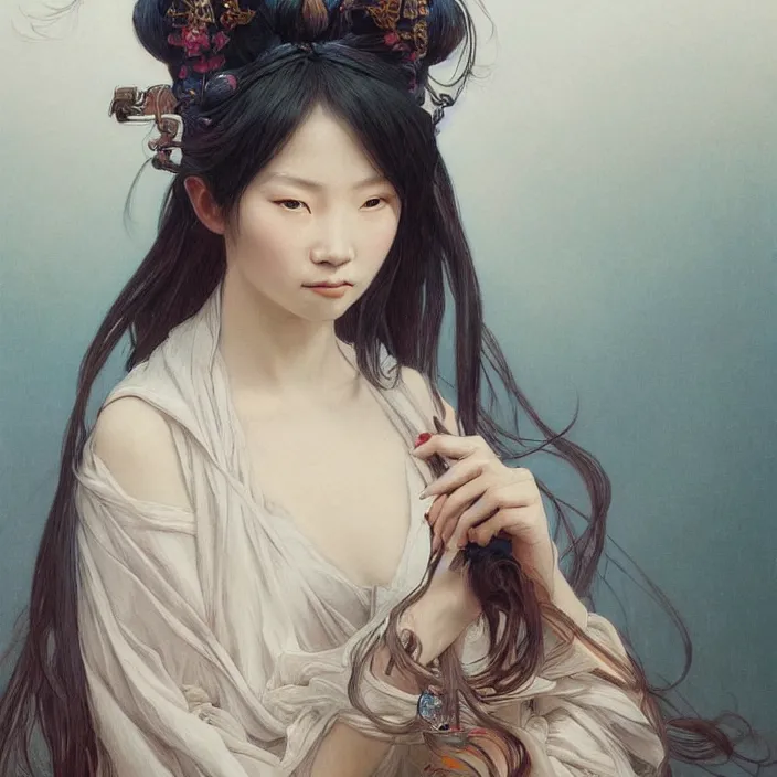 Image similar to A portrait of A Chinese woman with long hair by Ross Tran!!! and alphonse mucha and greg rutkowski! and gustav doré! and Zdzisław Beksiński!,In style of digital art illustration.Symmetry.Highly detailed face.Fantasy,smooth,hyper detailed,sharp focus,Soft light.trending on artstation.4k