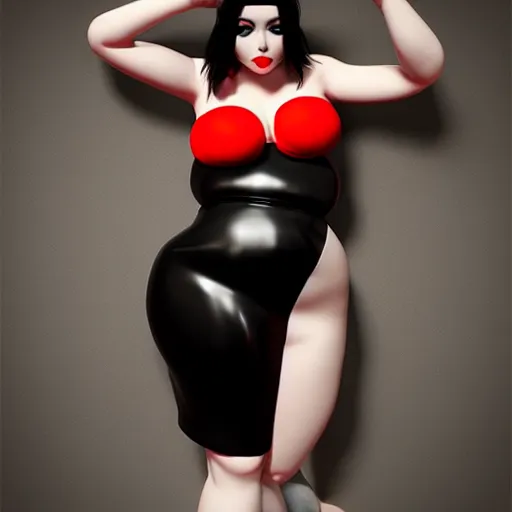 Prompt: a curvy feminine pale goth cutie with a thin waist in a red-black rubber tight tube-top dress and black rubber stockings, cgsociety, photorealistic, sublime-comfy-elegant ambience, 16k, smooth, sharp focus, trending on ArtStation, volumetric lighting, fully clothed, worksafe