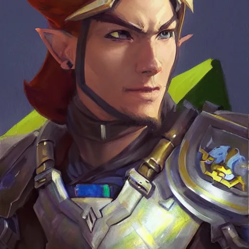 Image similar to greg manchess portrait painting of armored link from legend of zelda as overwatch character, medium shot, asymmetrical, profile picture, organic painting, sunny day, matte painting, bold shapes, hard edges, street art, trending on artstation, by huang guangjian and gil elvgren and sachin teng