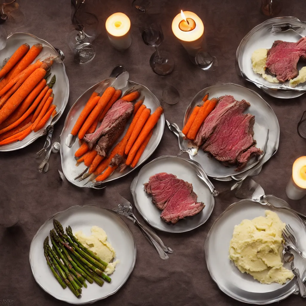 Image similar to product shot of a dinner with prime rib, asparagus, mashed potatoes and gravy, and steamed carrots with blue table cloth and lit candles in ornate silver candlesticks, ultra - realistic, photo realism, professional photograph, extreme detail, deep focus, laser sharp, volumetric lighting, atmospheric, five - star, luxury, elite