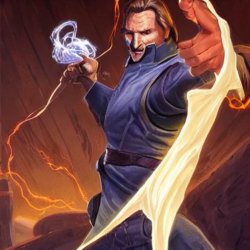 Image similar to Liam Neeson as Burl Gage, Antimage, casting Ghost Whip,, iconic Character illustration by Wayne Reynolds for Paizo Pathfinder RPG