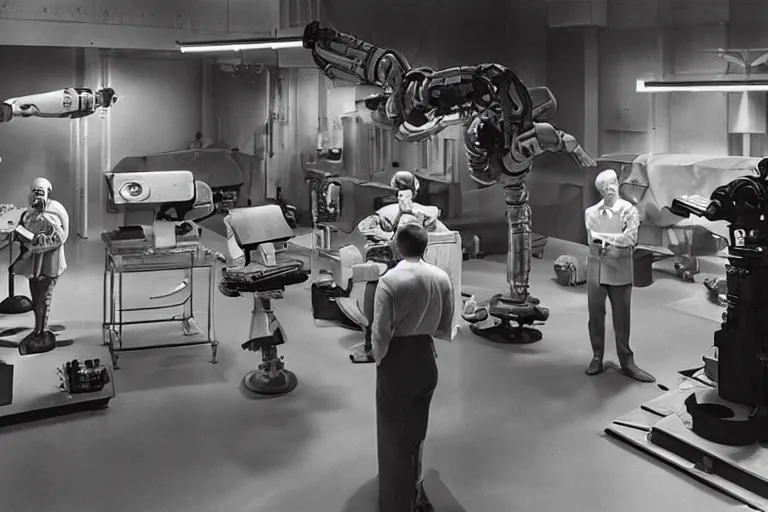 Image similar to a futuristic film studio with robot technicians preparing a scene with frightened human beings by Stanley kubrick, sci-fi, color vibe, reimagined by industrial light and magic