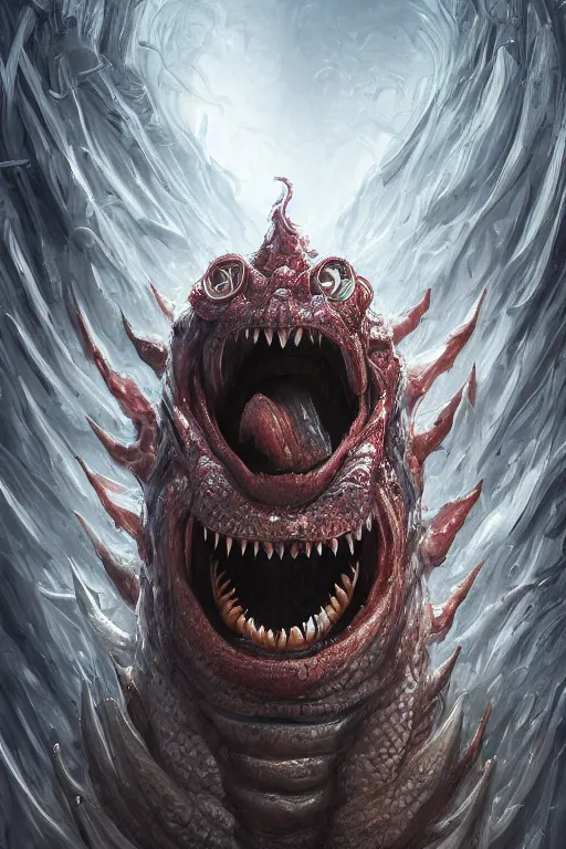 Image similar to ultra realist and ultra intricate detailed soft painting of a gigantic wyrm opened mouth, symmetry features, huge ivory teeth, slimy tongue, sensual gloomy style, volumetric clouds, cyberpunk background, artstation, unreal render, depth of field