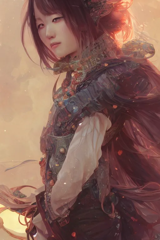Image similar to portrait ayaka genshin, in ruined fantasy world Sunrise, ssci-fi, fantasy, intricate, very beautiful and elegant, highly detailed, digital painting, artstation, concept art, smooth and sharp focus, illustration, art by tian zi and WLOP and alphonse mucha