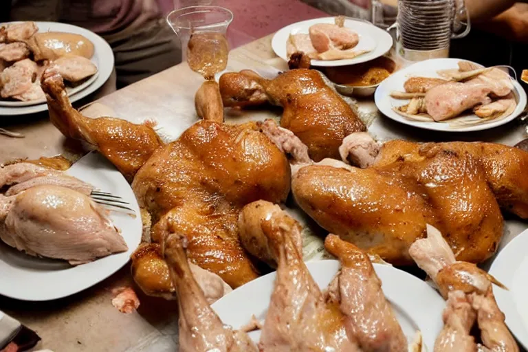 Image similar to a dinner table full of cooked chicken