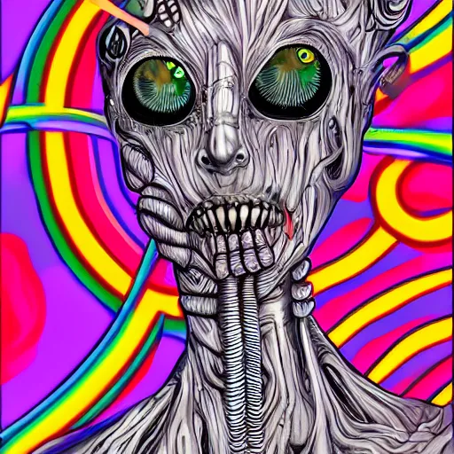 Prompt: closeup of an adorable cyber demoness, cute eldritch, woman alien abomination of unimaginable horror by h. r. giger and junji ito, speculative evolution, psychedelic illustration, op art brain, sticker illustration