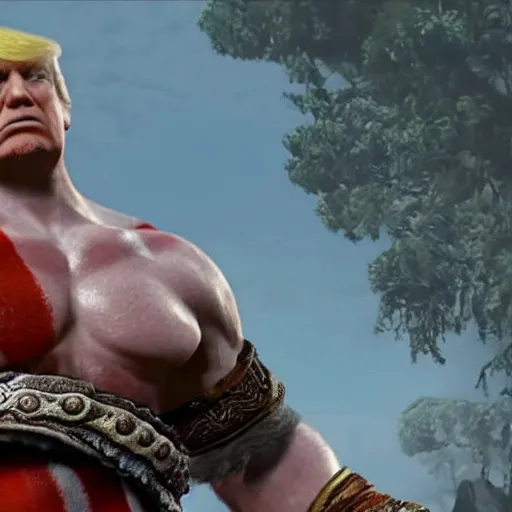 Prompt: screenshot of donald trump as kratos in god of war game