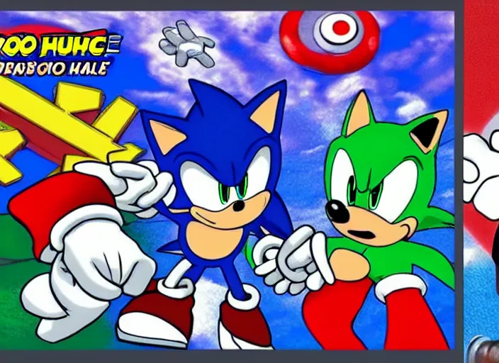 Image similar to sonic the hedgehog and super mario fighting side by side against dr robotnik and bowser on a castle