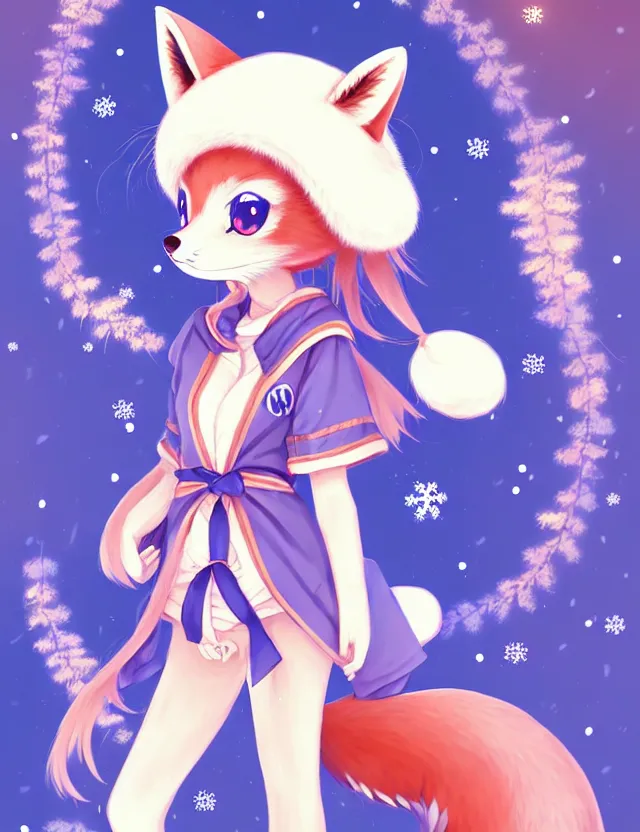 Prompt: a cute anthropomorphic rare type of fox girl anthro wearing indigo ribbons and a fluffy robe, winter park background, very anime!!! kawaii!! furry!! intricate details, aesthetically complementary colors, scenic background, art by rising artists with a radically new style. trending on artstation, top rated on pixiv and furaffinity