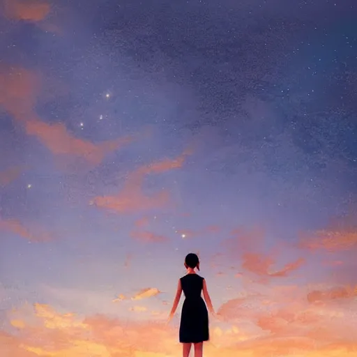 Image similar to a girl looking at the sky standing on top of a vast mirror in the sunset by Jenny Yu