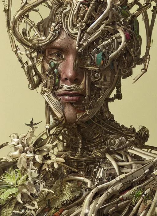 Image similar to hyper - detailed fine painting of a humanoid cyborg half cybernetic and half made of plants and wood, concept art magical highlight