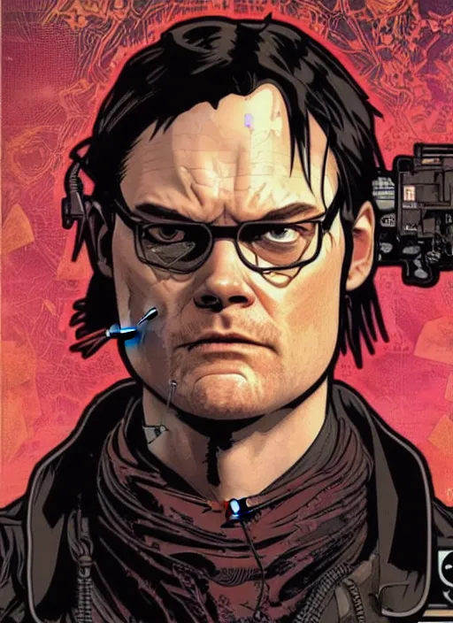 Image similar to cyberpunk dwight schrute. portrait by ashley wood and alphonse mucha and laurie greasley and josan gonzalez and james gurney. spliner cell, apex legends, rb 6 s, hl 2, d & d, cyberpunk 2 0 7 7. realistic face. vivid color. dystopian setting.