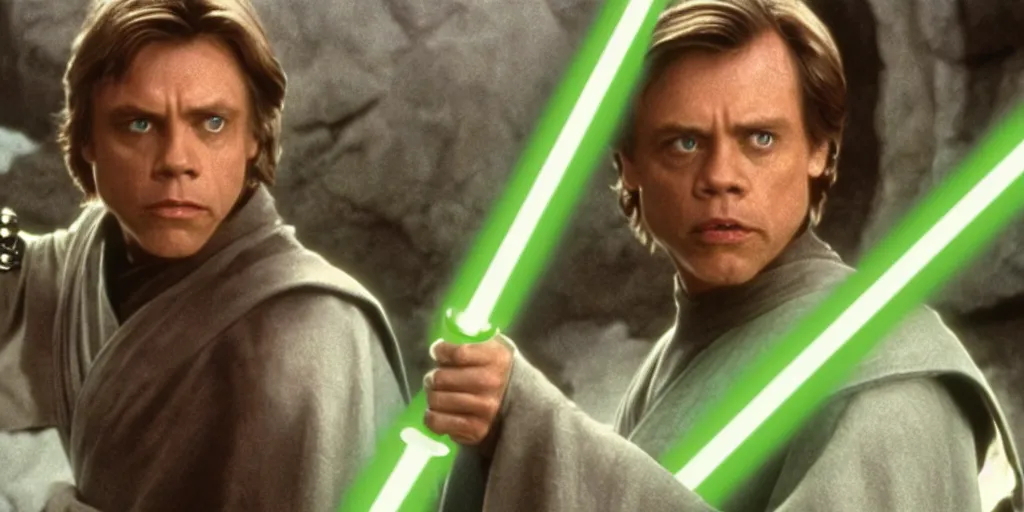 Image similar to a still from a film featuring clean shaven mark hamill as jedi master luke skywalker, holding a green lightsaber by the hilt, 3 5 mm, directed by steven spielberg, 1 9 9 4