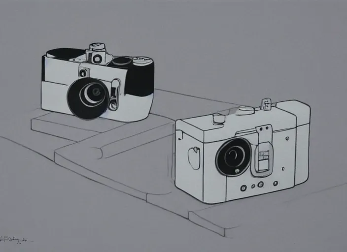 Image similar to painting by Hiroshi Yoshida of rangefinder camera designed by Dieter Rams, Naoto Fukasawa