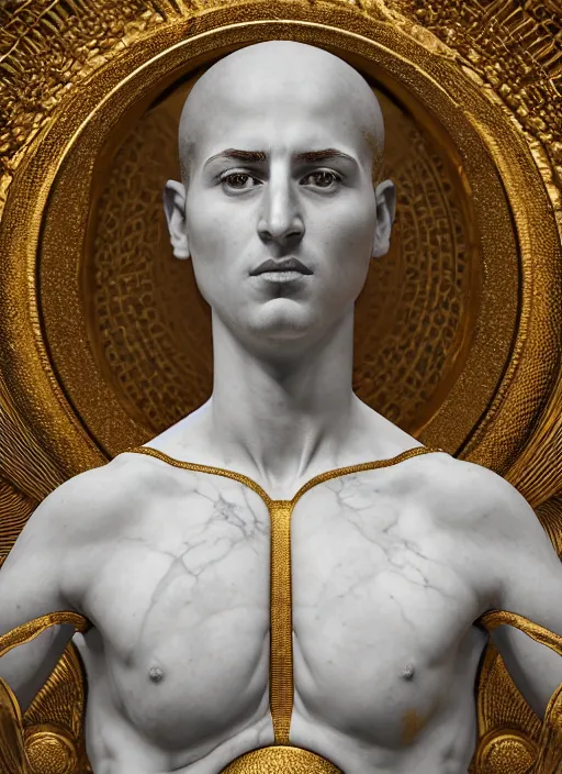 Image similar to a statue made of white marble with gold veins, of klay thompson, full body shot, perfect symmetrical body, perfect symmetrical face, hyper realistic, hyper detailed, by johannen voss, by peter kemp, by monia merlo, by michelangelo, by ernst haeckel, octane render, blender, 8 k