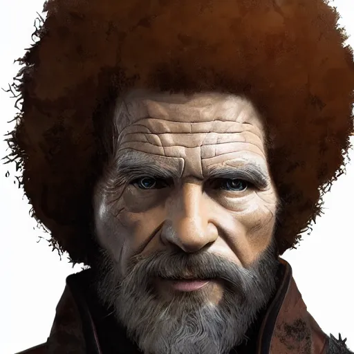 Image similar to an ultra detailed vector image of bob ross dressed as the hunter from bloodborne, concept art by alphonse mucha and greg rutkowski, praise the blood moon, octane render, liminal space