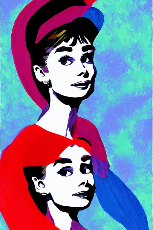 Prompt: digital illustration of Audrey Hepburn by Peter Max artist