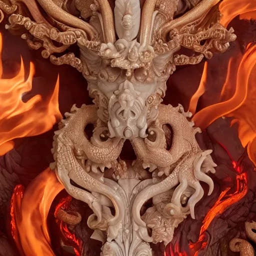 Image similar to a closeup photo, rococo alabaster and ruby real delicate ceramic porcelain sculpture of an ornate detailed dragon god in front of an intricate background by rafael, micro detail, backlit lighting, subsurface scattering, translucent, thin porcelain, fire, flames, amber, octane renderer, colorful, physically based rendering, trending on cgsociety