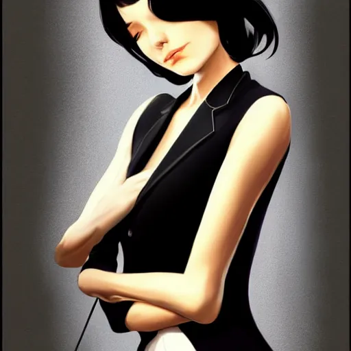 Image similar to slim girl in tuxedo with short black hair, elegant, 2d, ultra highly detailed, digital painting, smooth, sharp focus, artstation, portrait art by Ilya Kuvshinov