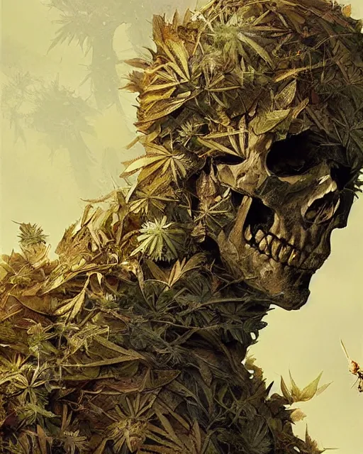 Prompt: skeleton made of weed leaves, clear sky, scifi character portrait by greg rutkowski esuthio craig mullins