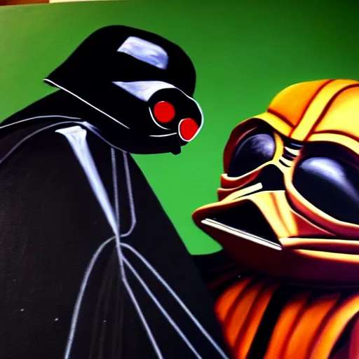 Prompt: a detailed painting of pepe the frog fighting darth vader by caravaggio