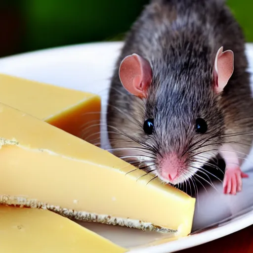 Prompt: a very cute rat happily holding cheese on a plate