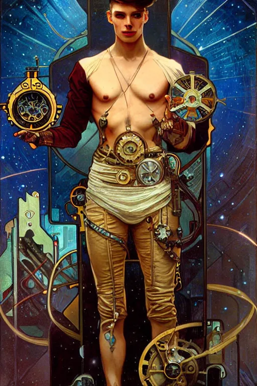 Image similar to a steampunk male holding a star, muscular, tarot art, futurism, painting by greg rutkowski, alphonse mucha