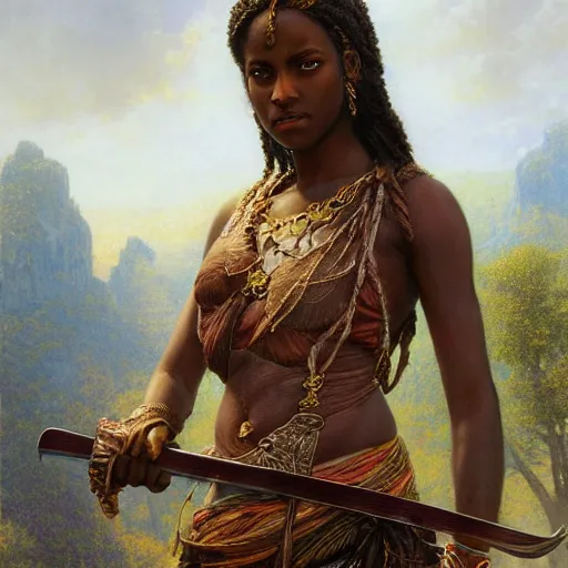 Image similar to artstation concept of a beautiful girl holding a sword in both hands, brown skin, sweaty skin, symmetrical face, casual white garment, brown canyon background, shiny colorful, hyperdetailed, artstation trending, world renowned artists, worth1000.com, historic artworks society, antique renewel, cgsociety, by greg rutkowski, by Gustave Dore, Deviantart