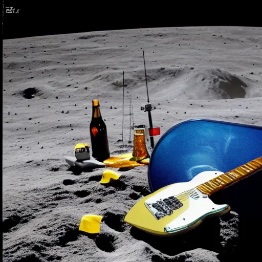 Image similar to a photo of a detailed, realistic, idle, regular sized electric guitar next to a beer can next to an astronaut sitting on the moon surface. detailed photo. realistic photo