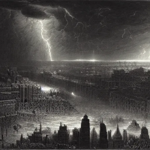 Prompt: new york city being rebuilt as mesopotamian architecture. dark, atmospheric, stormy weather, gustave dore, italy 1 8 1 6