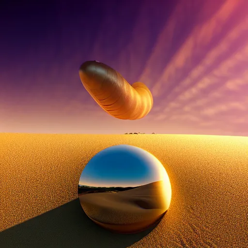 Prompt: sci-fi sand dunes with a giant worm in the distance, worm, golden hour, sunset, dune, photo, photography, hyper realistic, cinematic, god rays, bokeh, alien planet, science fiction