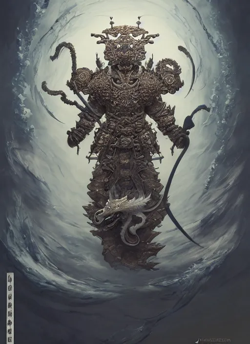 Prompt: subsurface scattering, white, koi, samurai deity with filigree dragon armor, by jesper ejsing, james jean, justin gerard, tomasz alen kopera, cgsociety and fenghua zhong, highly detailed, rim light, cinematic lighting, illustration, art, octane render, very coherent, cinematic, hyper realism, high detail, 8 k