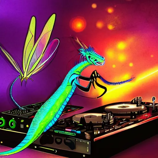 Prompt: a magical Dragon fly as a Dj by aquaxio, trending on art station